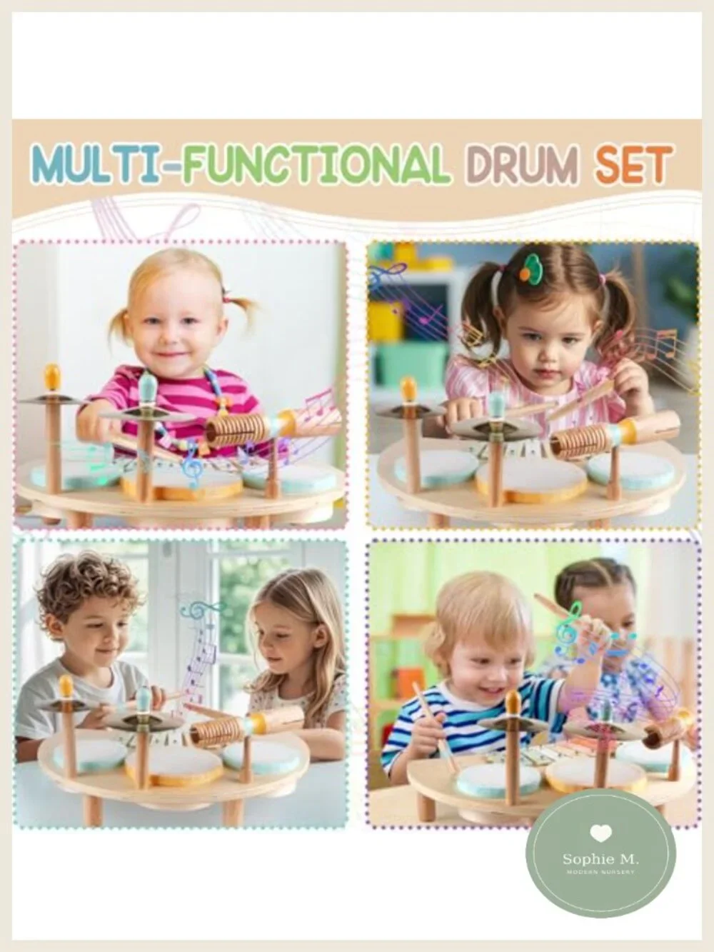 Wooden Drum Set for Toddlers - Montessori Musical Instruments with Xylophone